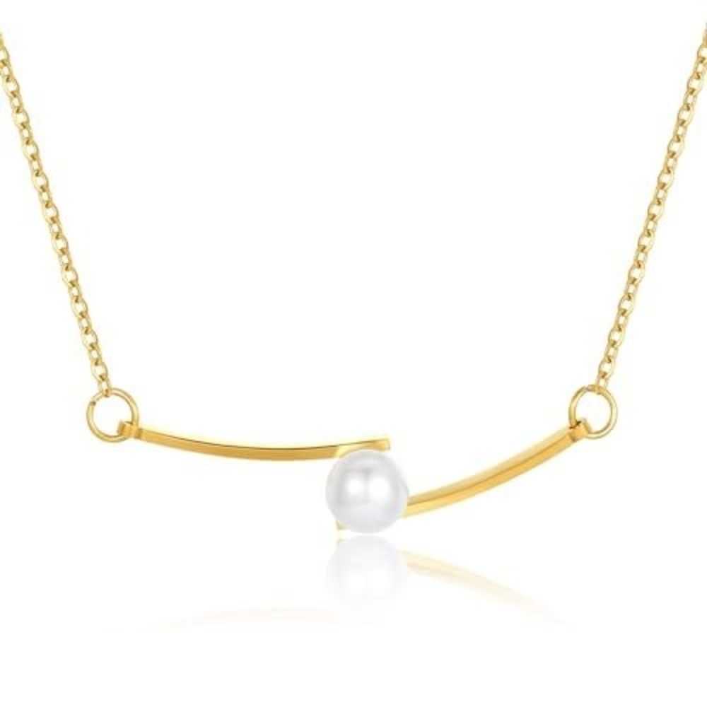 Gold Tone Curved Bar Faux Pearl Bypass Pendant Necklace‎ Minimalist Jewelry